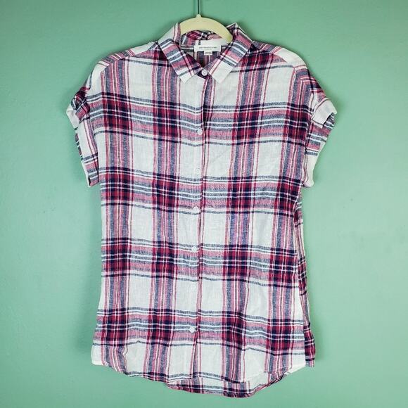 BeachLunchLounge Collection Plaid Linen Blend Button Down Top Size XS - Picture 1 of 5
